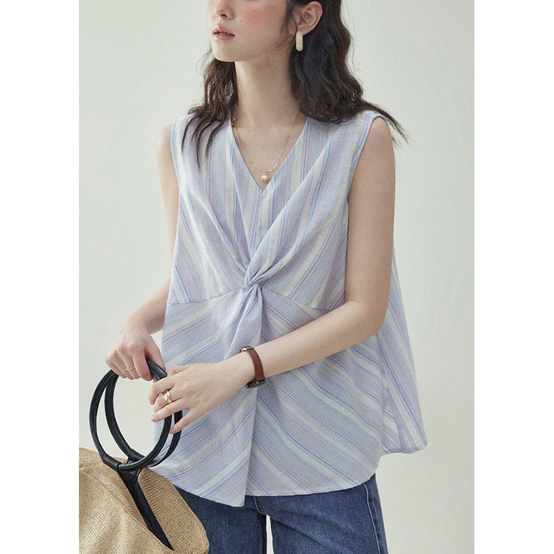 Art Light Purple V Neck Striped Cotton Tank Sleeveless