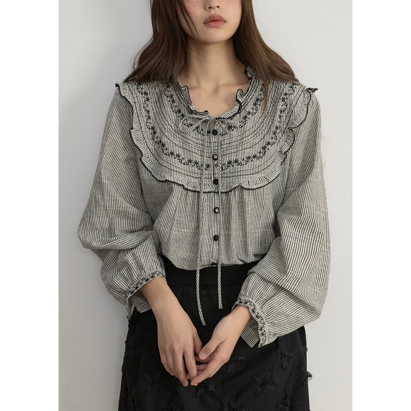 Art Striped Embroidered Lace Up Cotton Blouses Spring