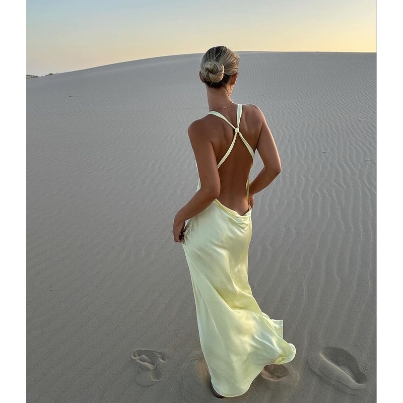 Backless Yellow Satin Long Prom Dress Birthday Outfit J3638