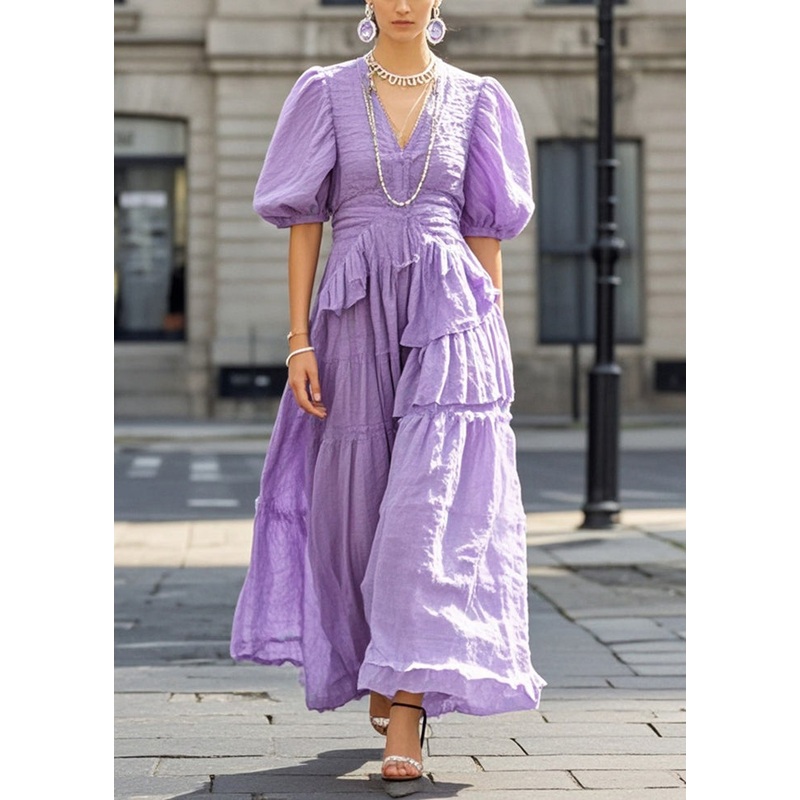 Beautiful Purple Puff Sleeve Exra Large Hem Cotton Long Dresses