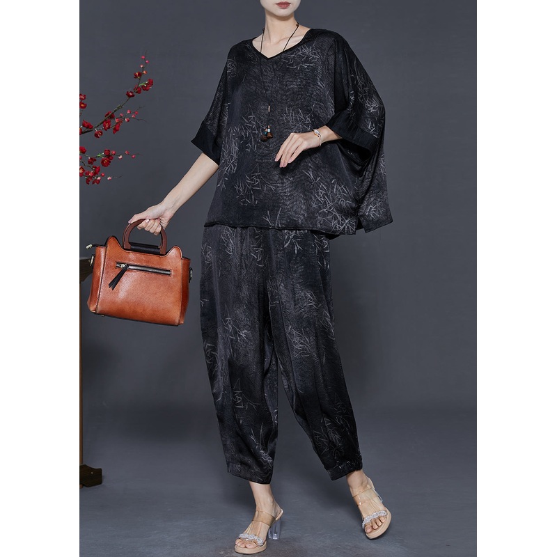 Black Print Silk Two Piece Set Women Clothing Oversized Summer
