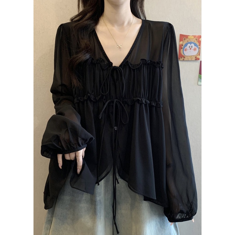 Black Ruffled Lace Up Fall Chiffon Blouses V Neck