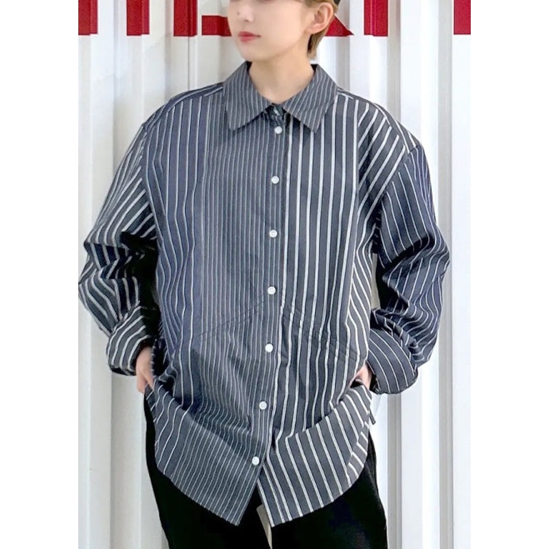 Black Striped Cotton Shirt Top Drawstring Spring