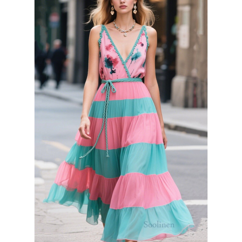 Bohemian Pink Tie Waist Patchwork Chiffon Long Dresses Summer