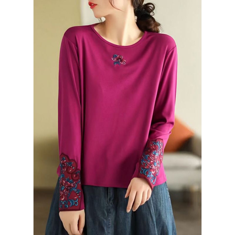 Bohemian Rose O Neck Embroidered Cotton T Shirts Spring