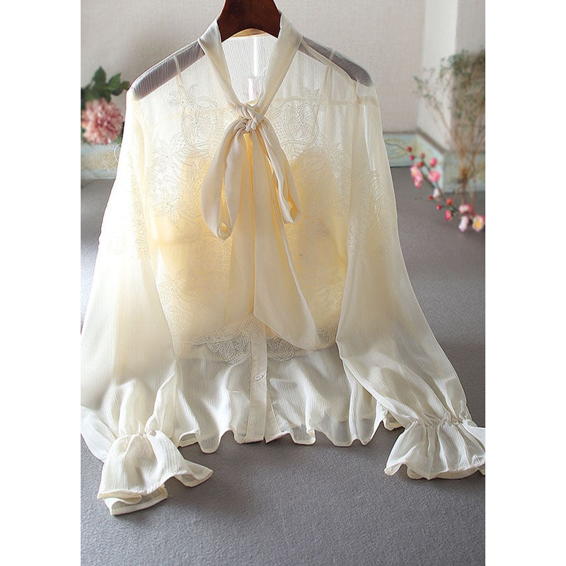 Boutique Apricot Bow Embroidered Chiffon Shirt Spring