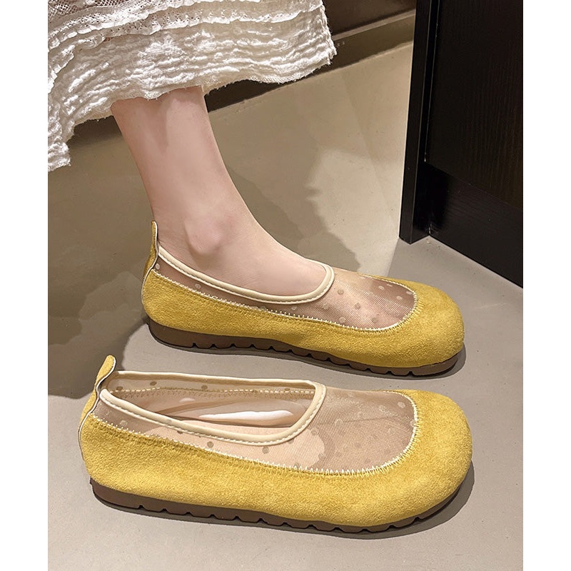 Boutique Breathable Mesh Splicing Platform Flat Shoes Yellow Suede