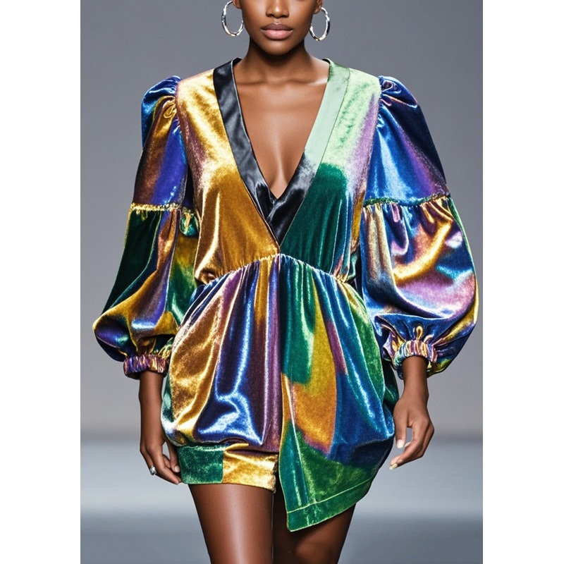 Boutique Gradient Color Puff Sleeve Patchwork Silk Velour Shirt Tops