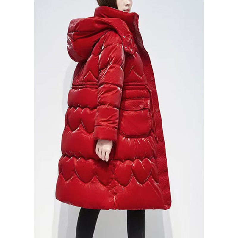 Boutique Red Hooded Pockets Duck Down Puffer Coat Winter