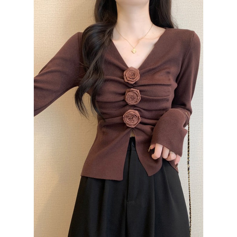 Brown Floral Knit Pullover Side Open Spring