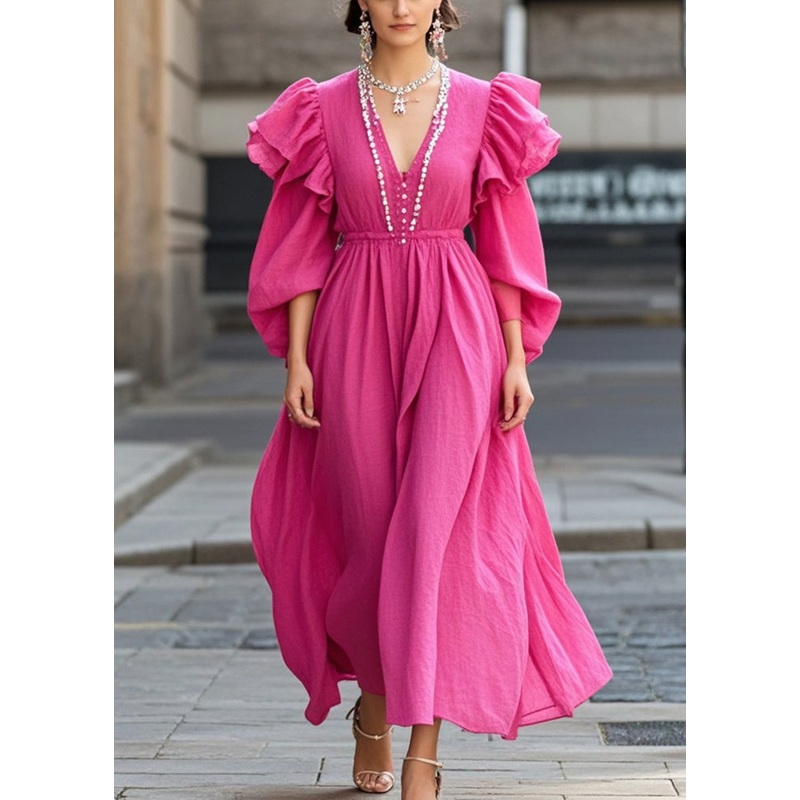 Casual Rose Ruffled Nail Bead Cotton Party Dress Spring