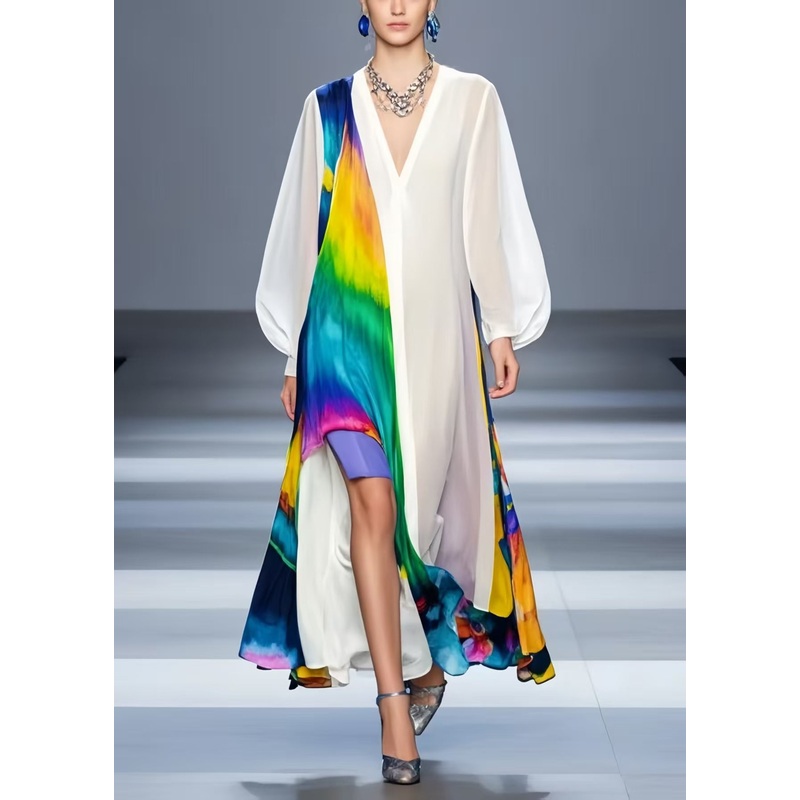 Chic White Oversized Patchwork Chiffon Beach Dress Spring