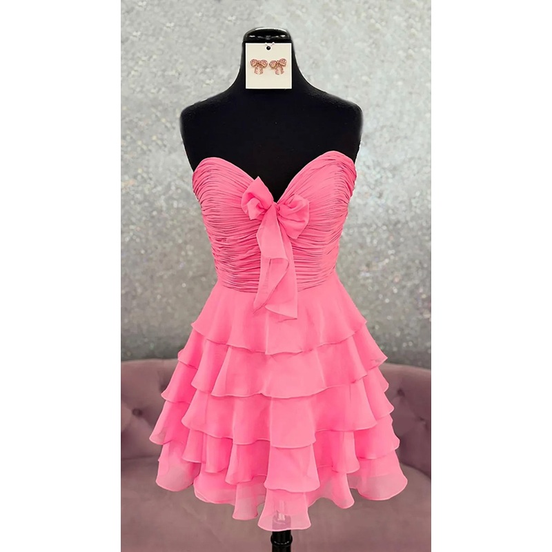 Chiffon Ruffles Sweetheart Pink Homecoming Dress With Bow J7839