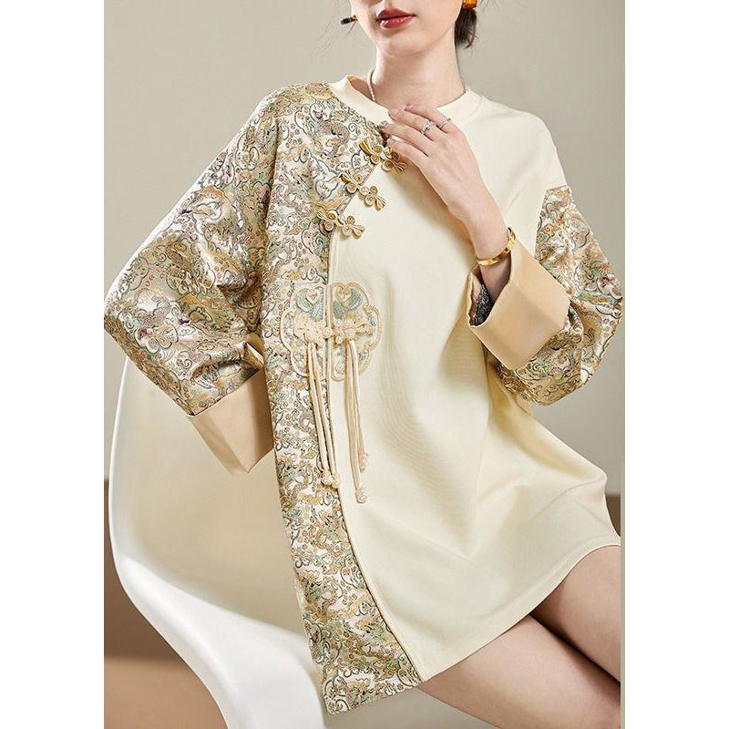 Chinese Style Beige O Neck Print Patchwork T Shirt Spring