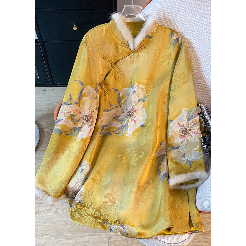 Chinese Style Yellow Print Patchwork Fine Cotton Filled Silk Coat Spring
