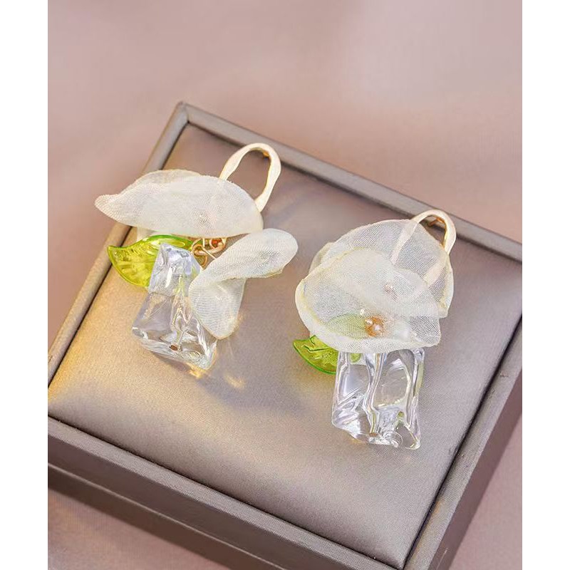 Classy Gold Acrylic Overgild Tulle Floral Hoop Earrings