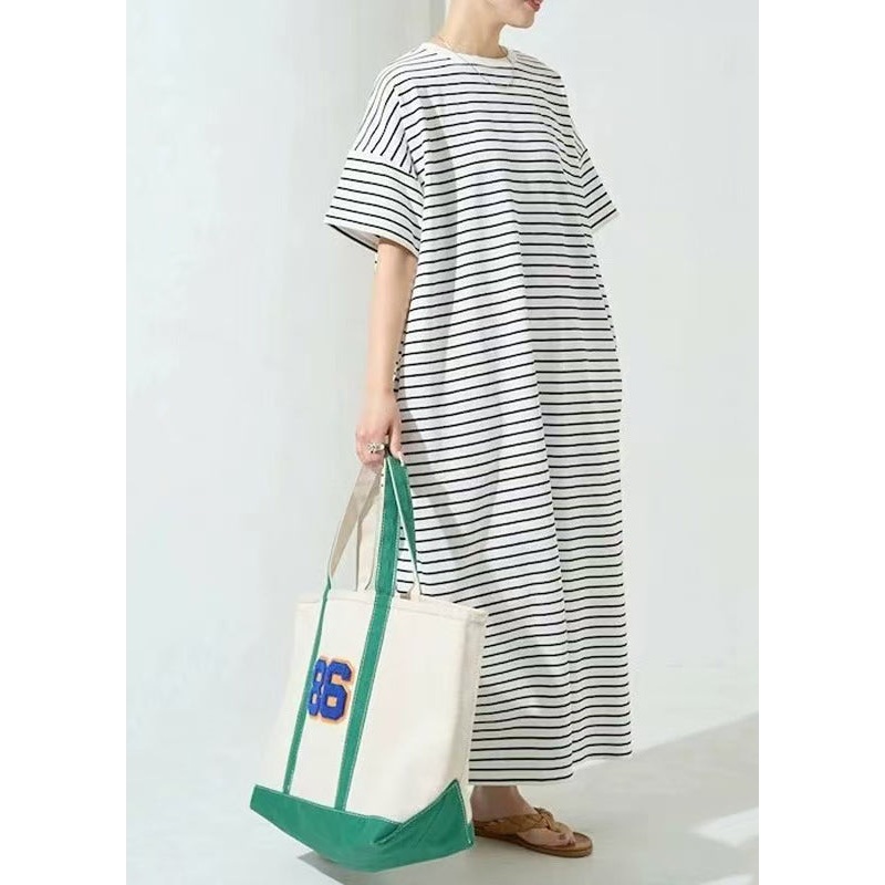 Classy White Oversized Striped Cotton Maxi Dress Summer