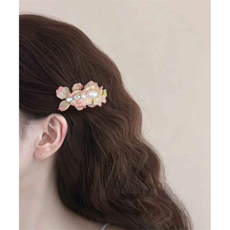 Cute Pink Cloth Acrylic Alloy Zircon Floral Hairpin