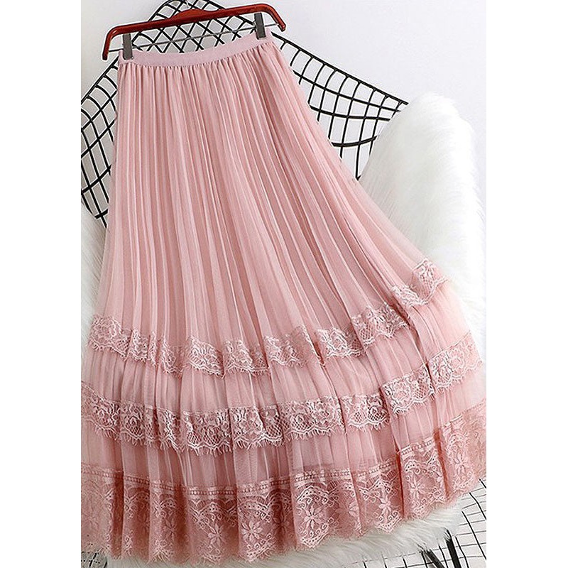 Cute Pink Tulle A Line Skirt Summer Lace Patchwork