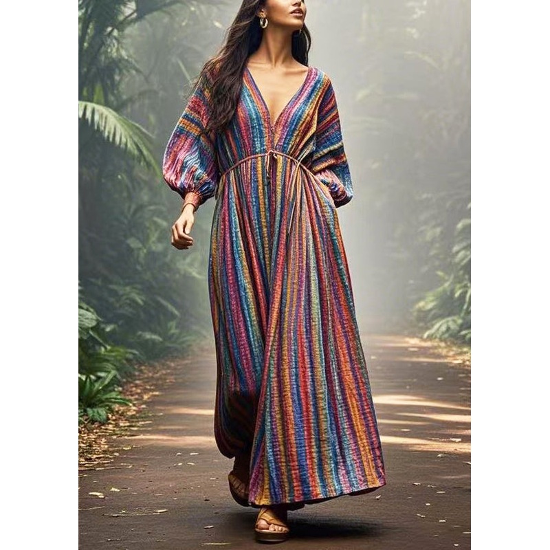 DIY Colorblock V Neck Striped Cotton Vacation Dress Spring