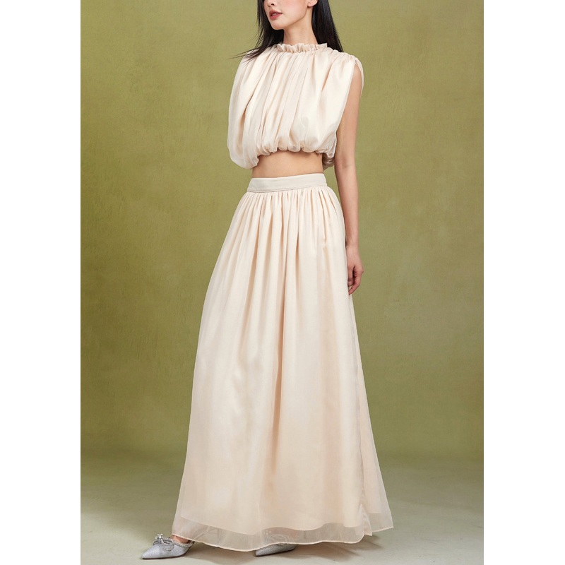 Elegant Apricot Ruffled Solid Tops And Skirts Cotton Two Pieces Set Sleeveless