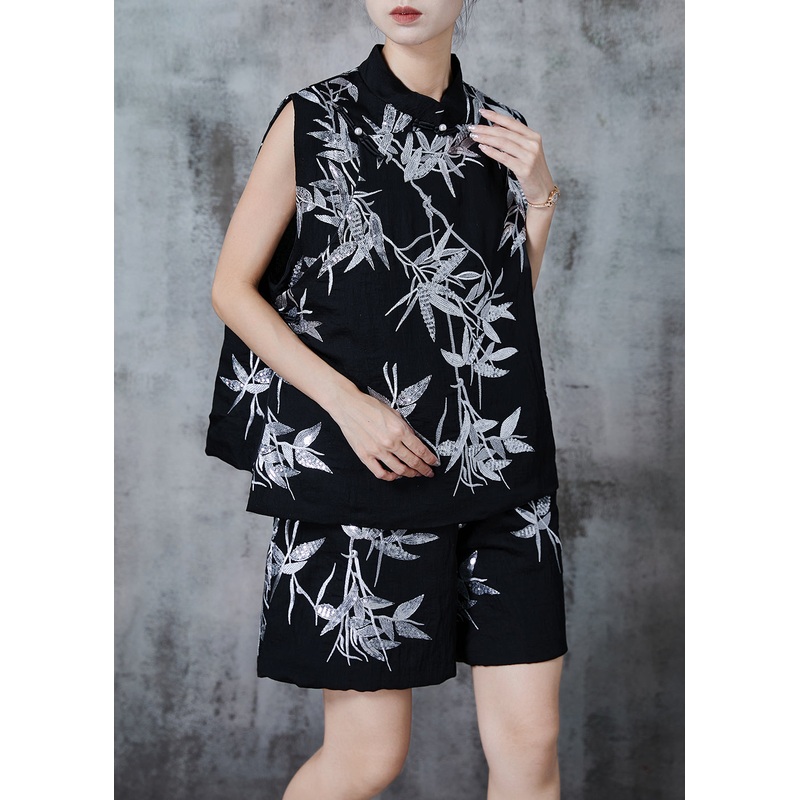 Elegant Black Sequins Bamboo Leaf Cotton Two Pieces Set Summer