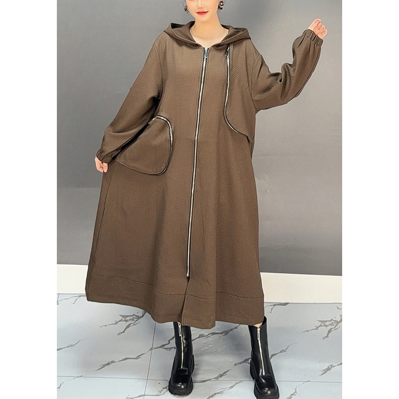 Elegant Coffee Patchwork Zippered Hooded Maxi Trench Coat Spring