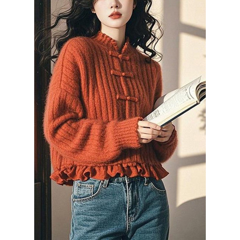 Elegant Red Ruffled Chinese Button Knit Short Sweater Spring