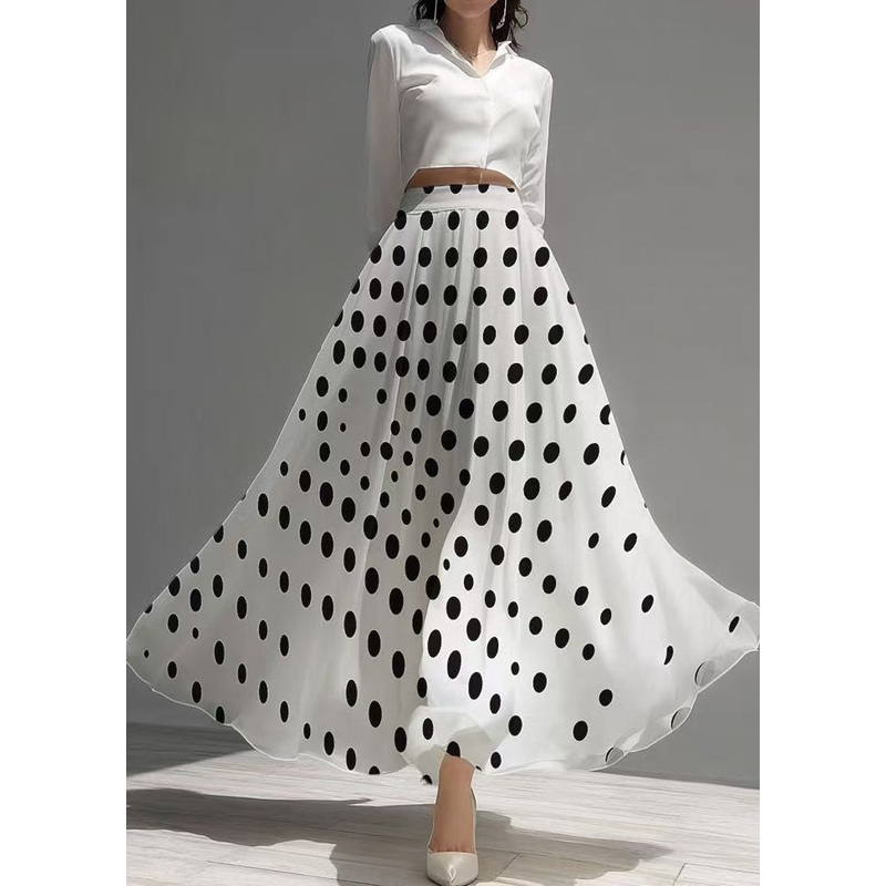 Elegant White Dot Print Exra Large Hem Chiffon Skirt Summer