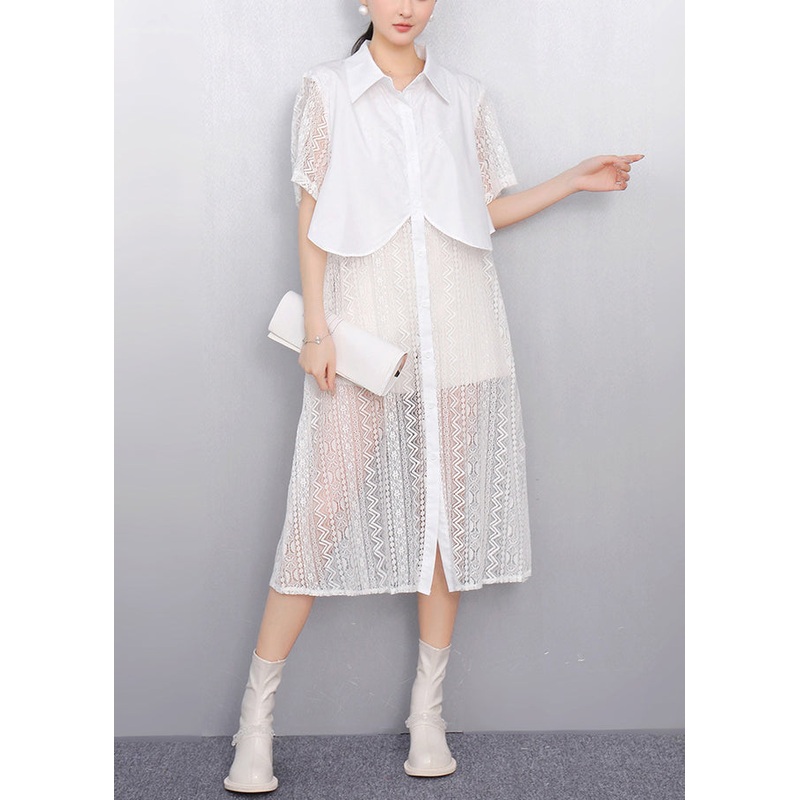 Elegant White Peter Pan Collar Patchwork Lace Shirt Dress Summer
