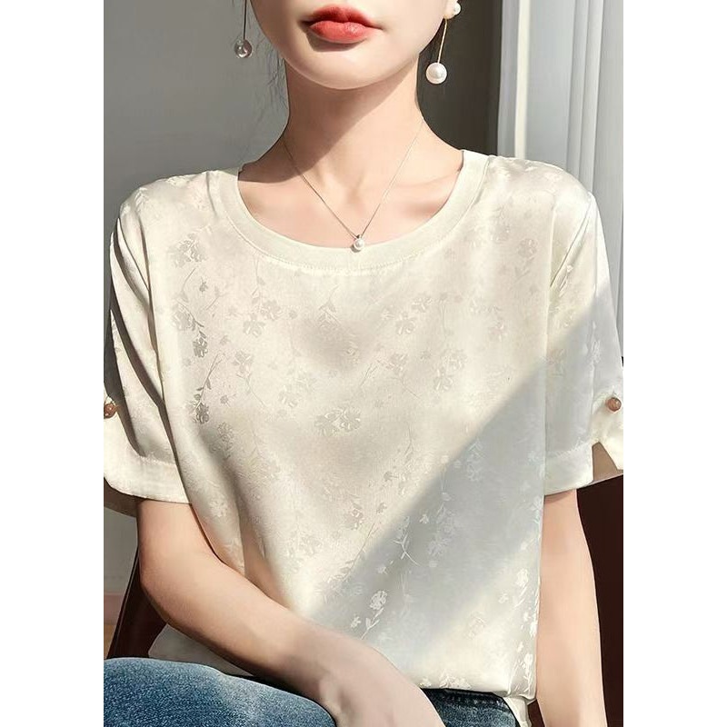 Fashion Beige Jacquard Original Design Silk Blouses Short Sleeve