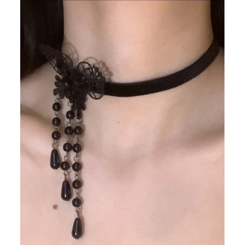 Fashion Black Copper Alloy Lace Butterfly Pearl Tassel Pendant Necklace