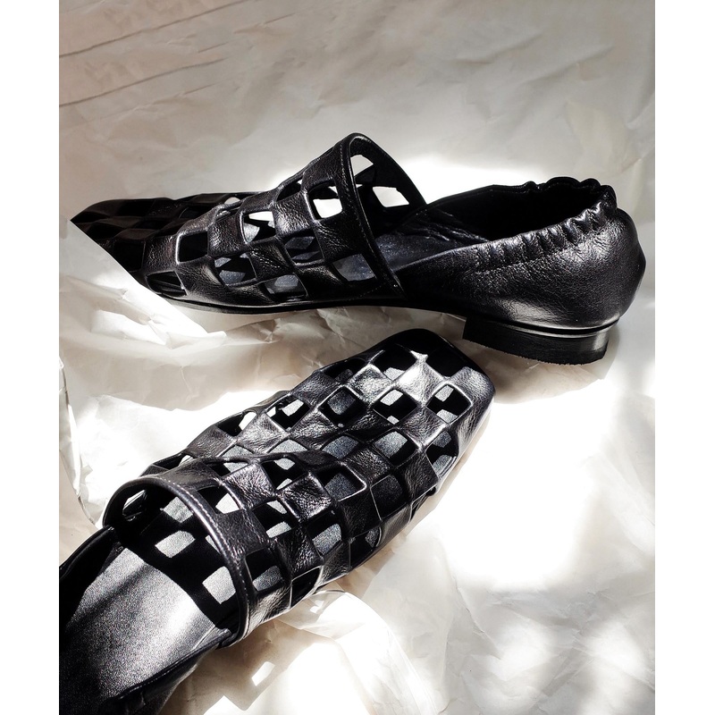 Fashion Black Cowhide Leather Hollow Out Loafer Shoes Splicing