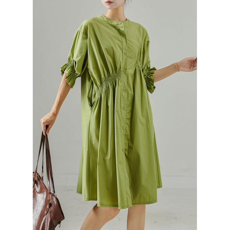 Fine Green Asymmetrical Wrinkled Cotton Day Dress Summer