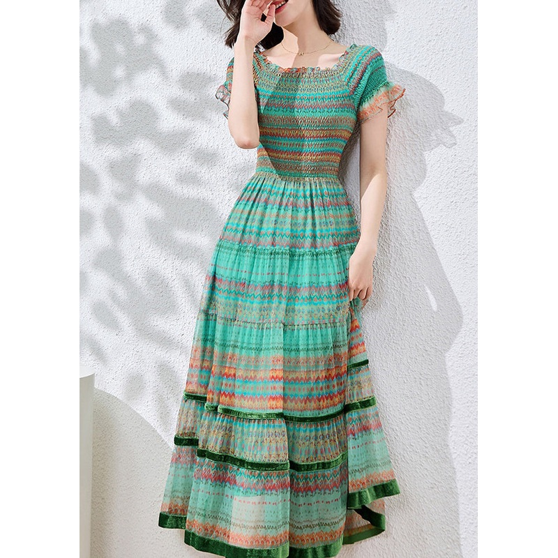 Fitted Blue Ruffled Print Patchwork Cotton Dresses Summer