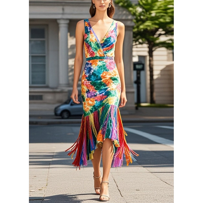 Fitted Multicolour Print Tasseled Knit Dresses Summer