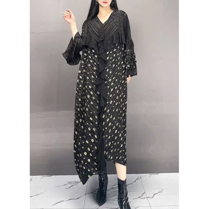 French Black Wrinkled Print Patchwork Cotton Long Dress Spring