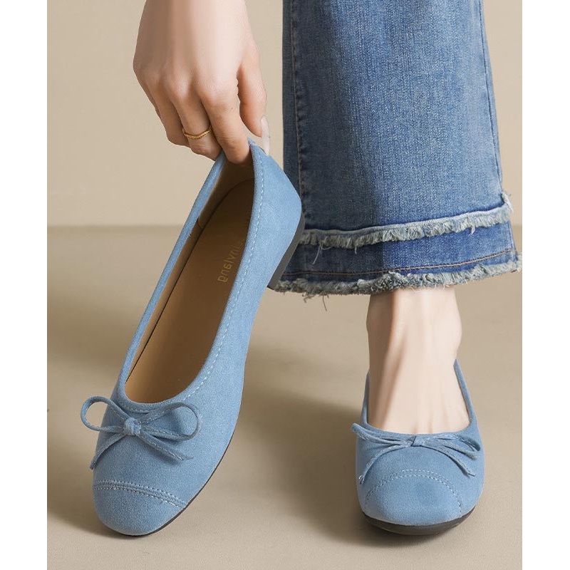 French Blue Suede Bow Splicing Comfy Penny Loafers
