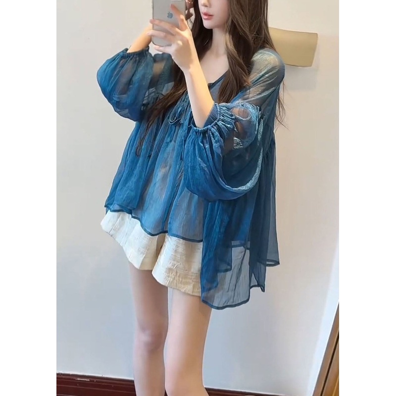 French Blue V Neck Lace Up Chiffon Top Flare Sleeve