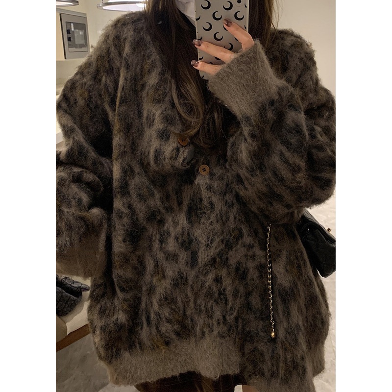 French Coffee O Neck Leopard Print Button Knit Cardigans Spring