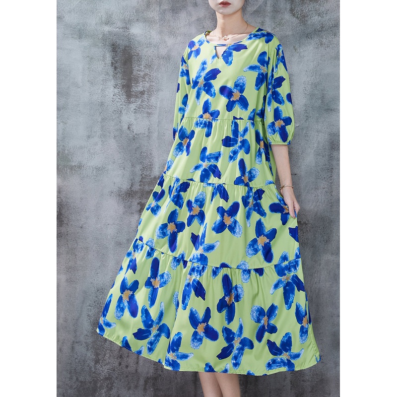 French Green Oversized Print Cotton Long Dress Summer