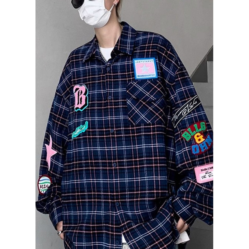 French Navy Plaid Pockets Cotton Shirt Men Spring