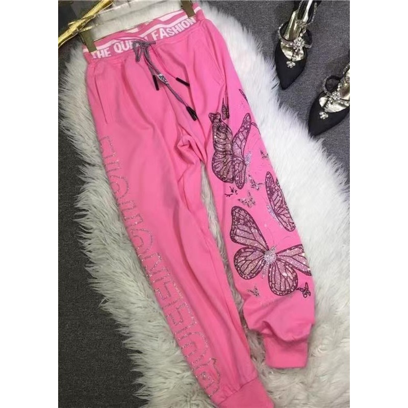 French Pink Zircon Butterfly Cotton Pants Fall