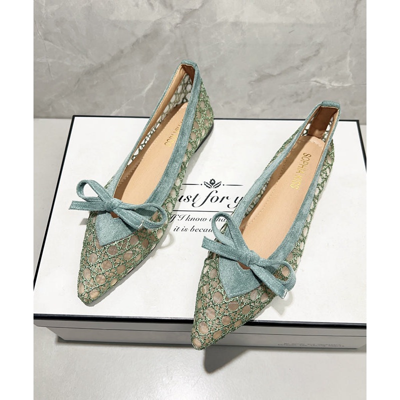 Green Flat Feet Shoes Breathable Mesh Comfy Splicing Bow