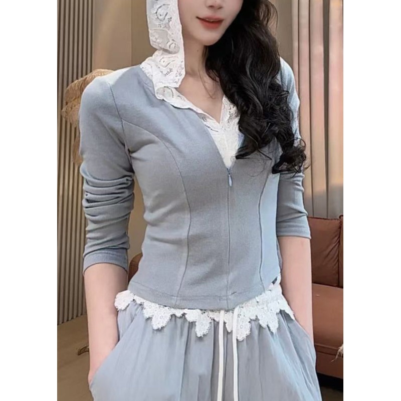 Grey Zippered Hooded Sweatshirt And Pants Women Two Pieces Set Spring