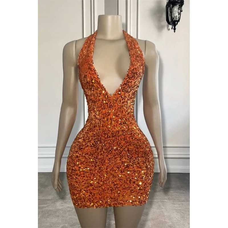 Halter V Neck Sequins Homecoming Dress Sparkly Short Dress J3956