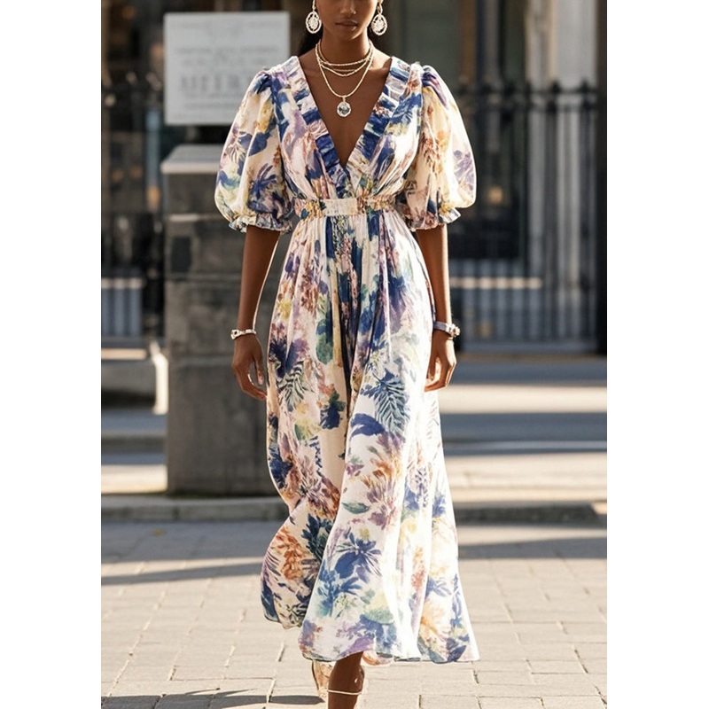 Handmade Puff Sleeve Print Chiffon Cinched Sundress