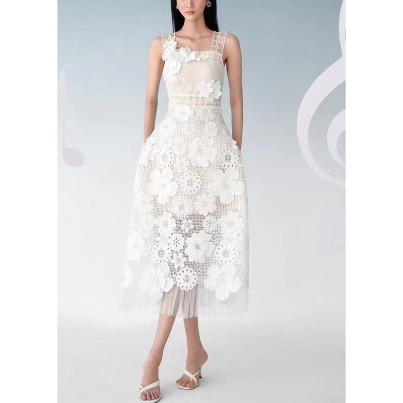 Handmade White Embroidered Hollow Out Lace Long Dress Sleeveless