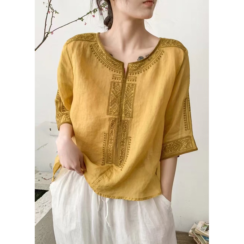 Handmade Yellow Embroidered Linen Loose Shirt Summer