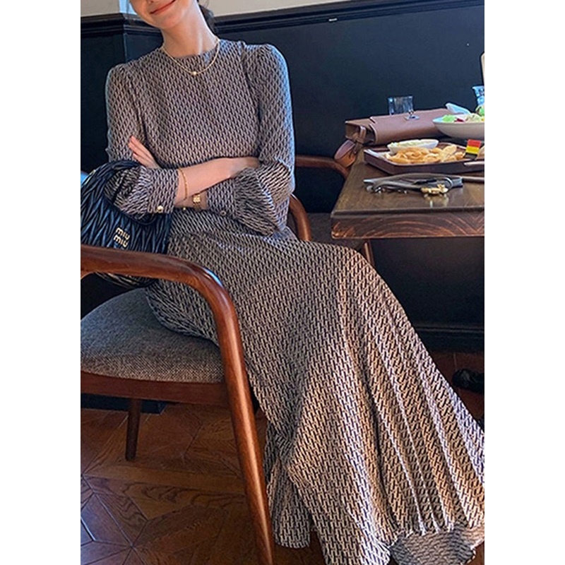 Italian Navy O-Neck Print High Waist Cotton Long Dresses Fall